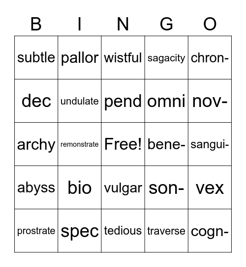 Caeser's English Bingo Card