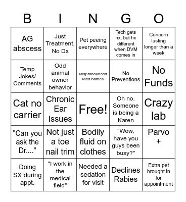 Vet Tech Bingo Card