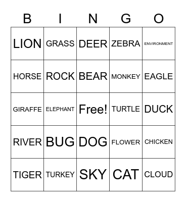 Nature and Animal Signs Bingo Card