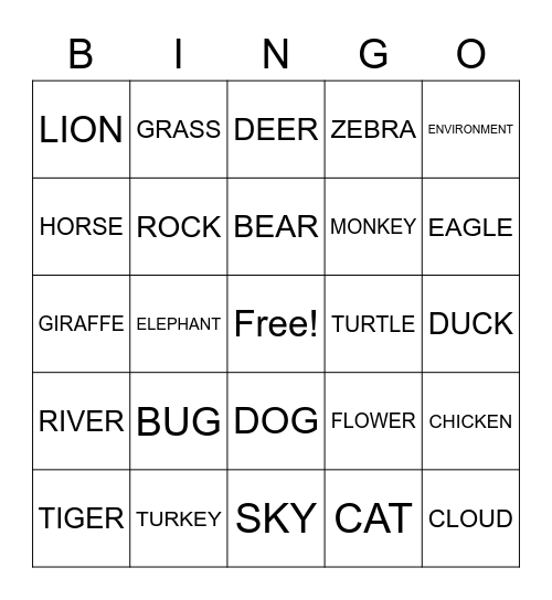 Nature and Animal Signs Bingo Card