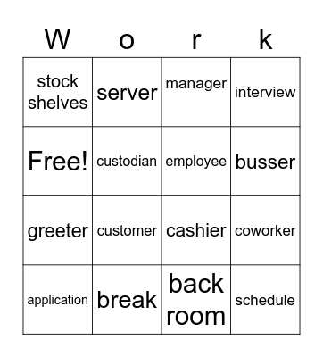 Vocational Vocabulary Bingo Card