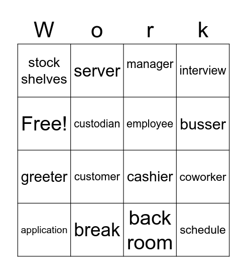 Vocational Vocabulary Bingo Card