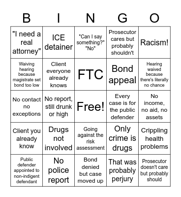 Bond Hearing Bingo Card