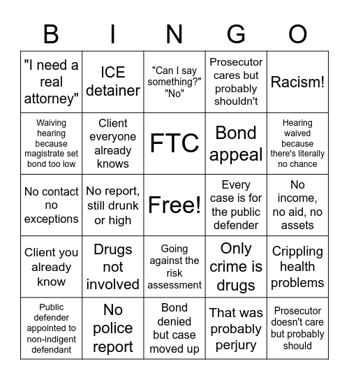 Bond Hearing Bingo Card