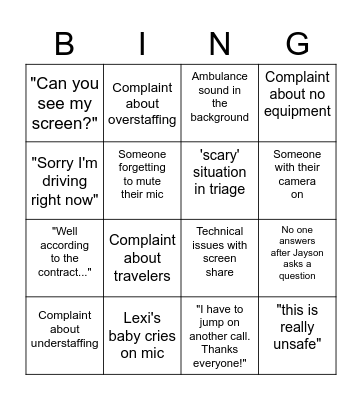 Charge Nurse Bingo Card