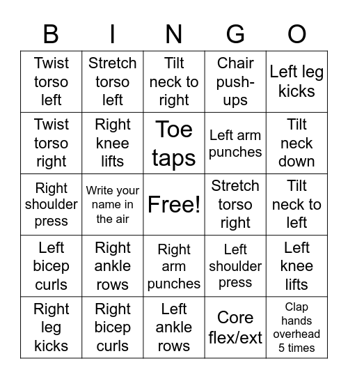 Exercise Bingo Card