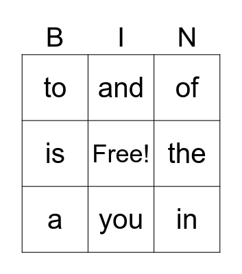 Sight Words Bingo Card