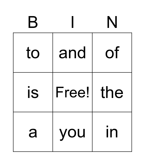 Sight Words Bingo Card
