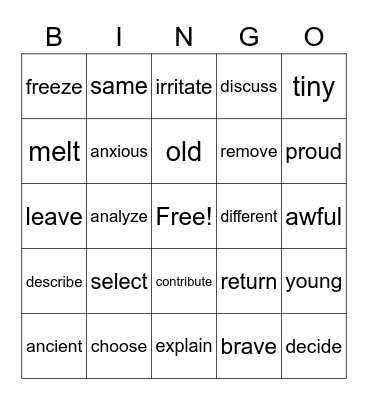 Vocabulary 1 Bingo Card