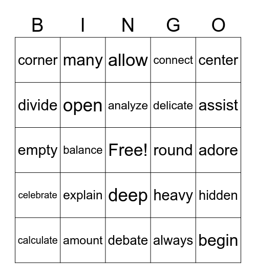 Vocabulary 2 Bingo Card