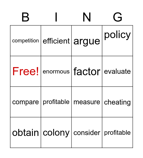Unit 2 Reading 2 Vocabulary Bingo Card