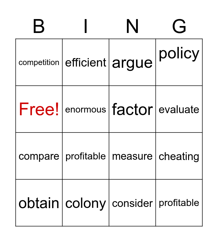 Unit 2 Reading 2 Vocabulary Bingo Card