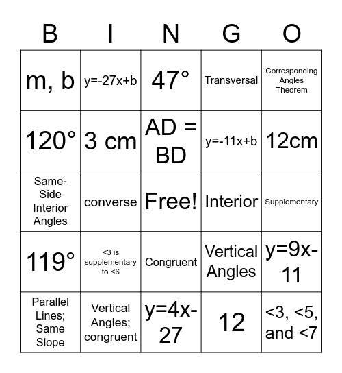 Lines and Angles Bingo Card