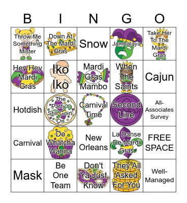 Mardi Gras Music Bingo Card