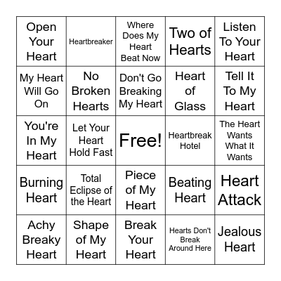 Songs With Heart in Title Bingo Card