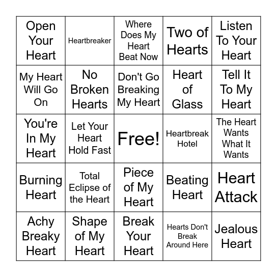 Songs With Heart in Title Bingo Card