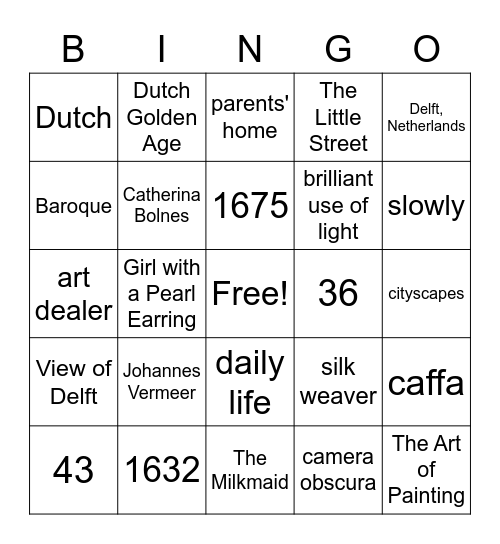 Vermeer Bingo Review Bingo Card