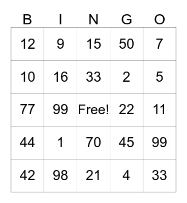 Multiplication Bingo Card