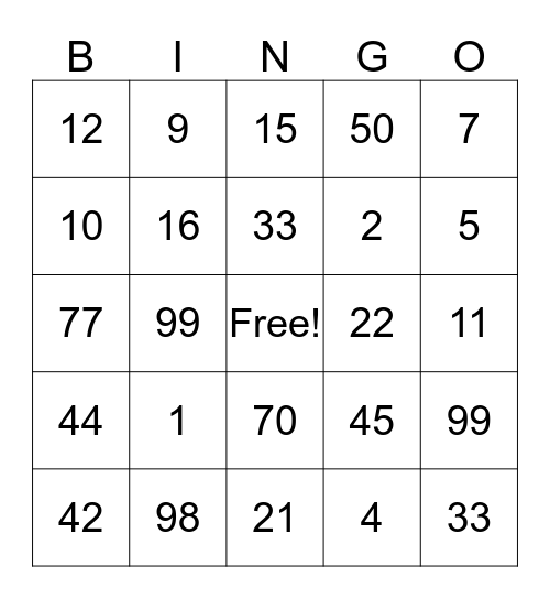 Multiplication Bingo Card