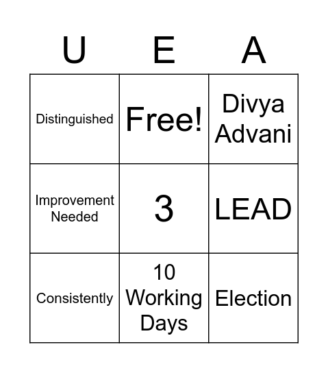 UEA Lewisville Bingo Card