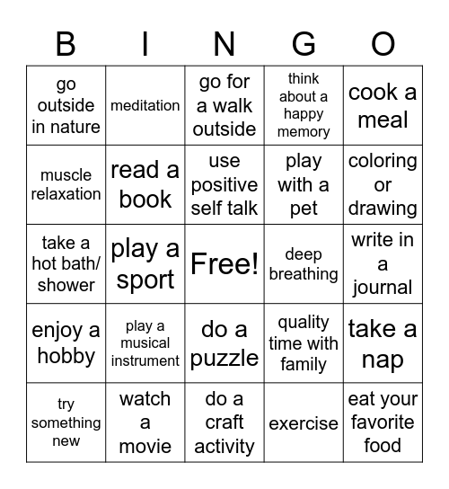 Relaxation Bingo Card