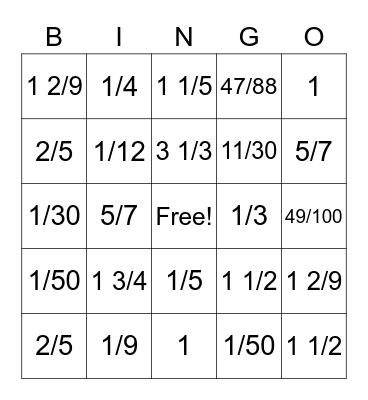 Fraction bingo Card