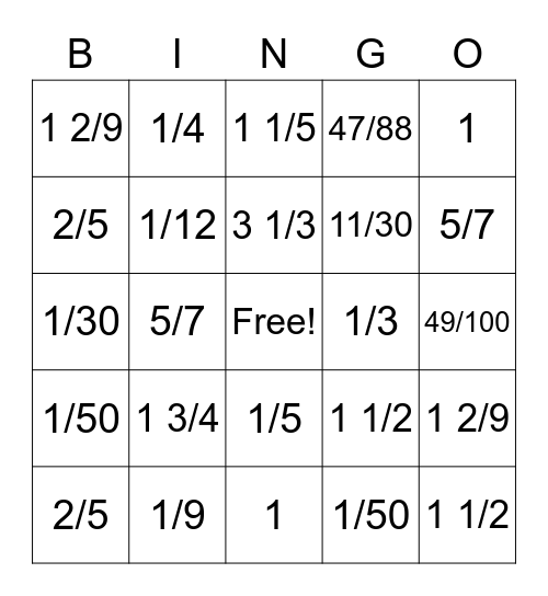 Fraction bingo Card