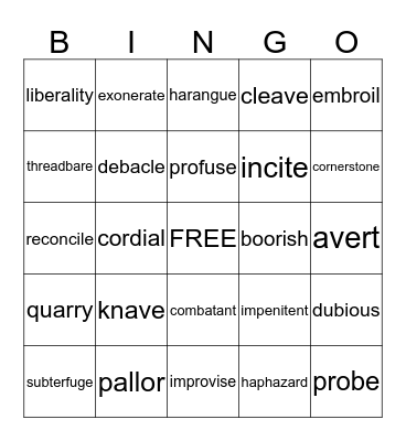 Vocabulary Bingo Card