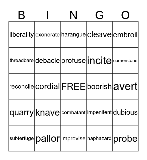 Vocabulary Bingo Card