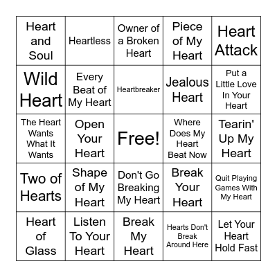 Songs With Heart in Title Bingo Card