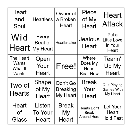 Songs With Heart in Title Bingo Card