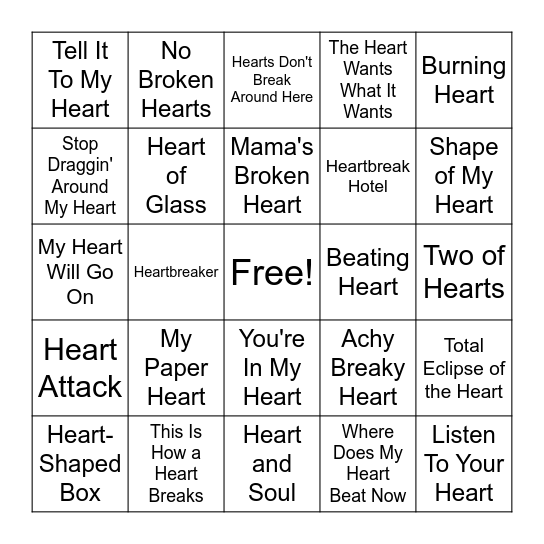 Songs With Heart in Title Bingo Card