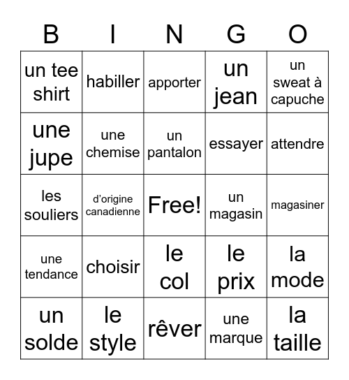 La mode Bingo Card