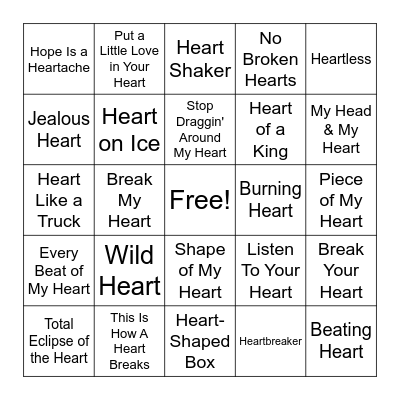 Songs With Heart in Title Bingo Card