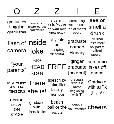 Maddie's graduation bingo Card