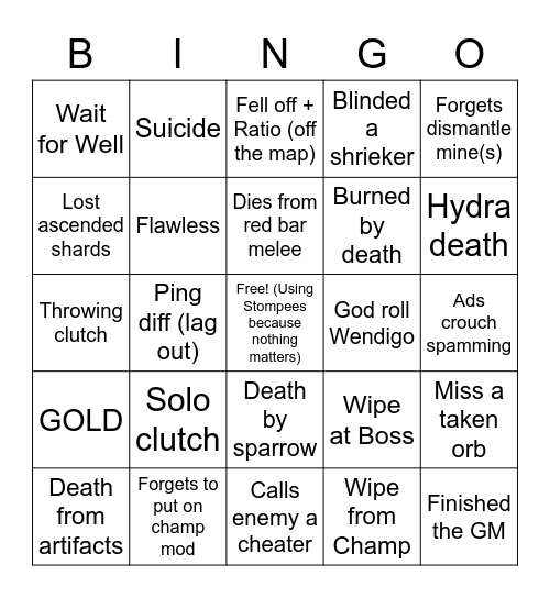 Grandmaster Nightfalls w/ Tactical Shooters Bingo Card