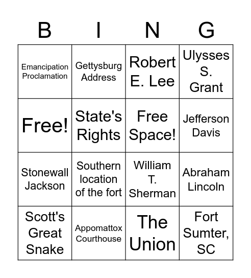 Civil War Bingo Card