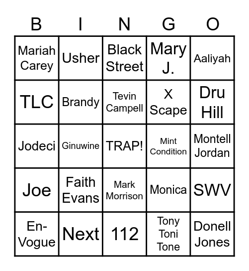 90'S R&B Bingo Card