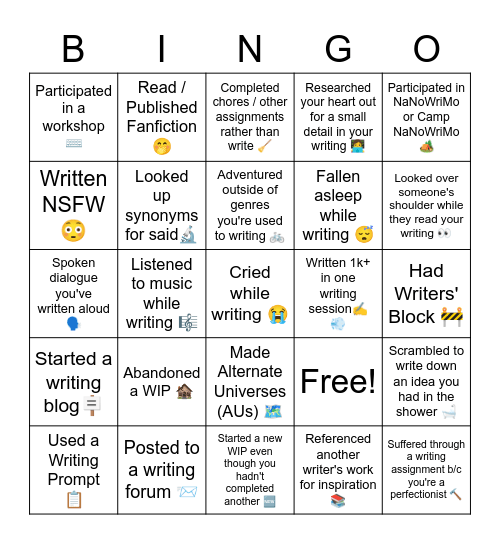 Writers' Bingo Card