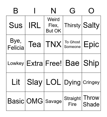 American Slang Bingo Card