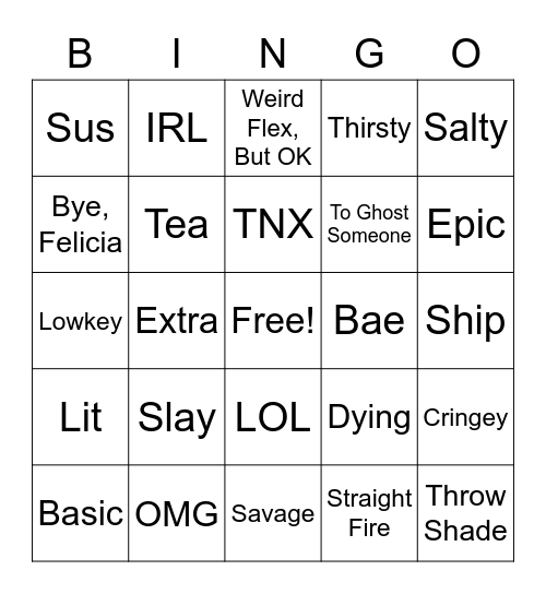 American Slang Bingo Card