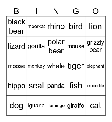 Animals Bingo Card