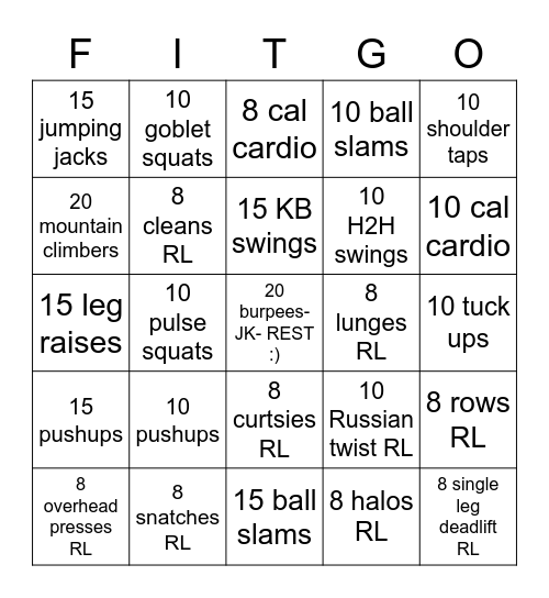 Workout Bingo Card