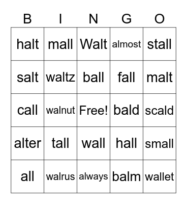 "al" words   SPIRE 2 Bingo Card