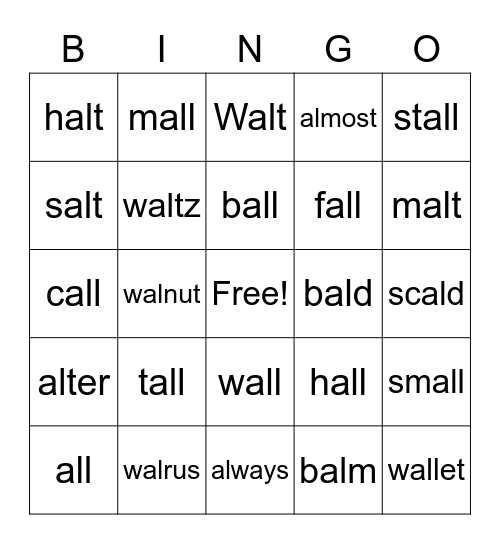 "al" words   SPIRE 2 Bingo Card