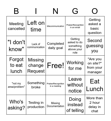 no name Bingo Card