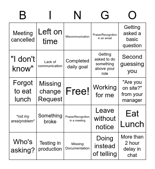 no name Bingo Card