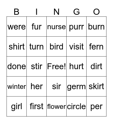 er, ir, ur Bingo Card