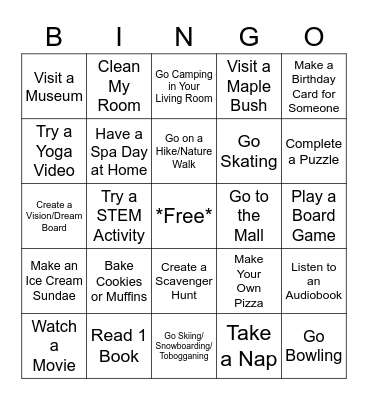 March Break Bingo Card