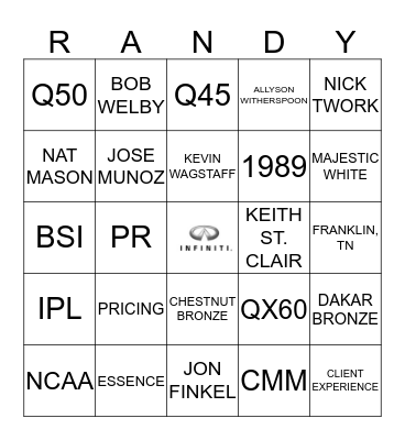 Infiniti Holiday Party Bingo Card
